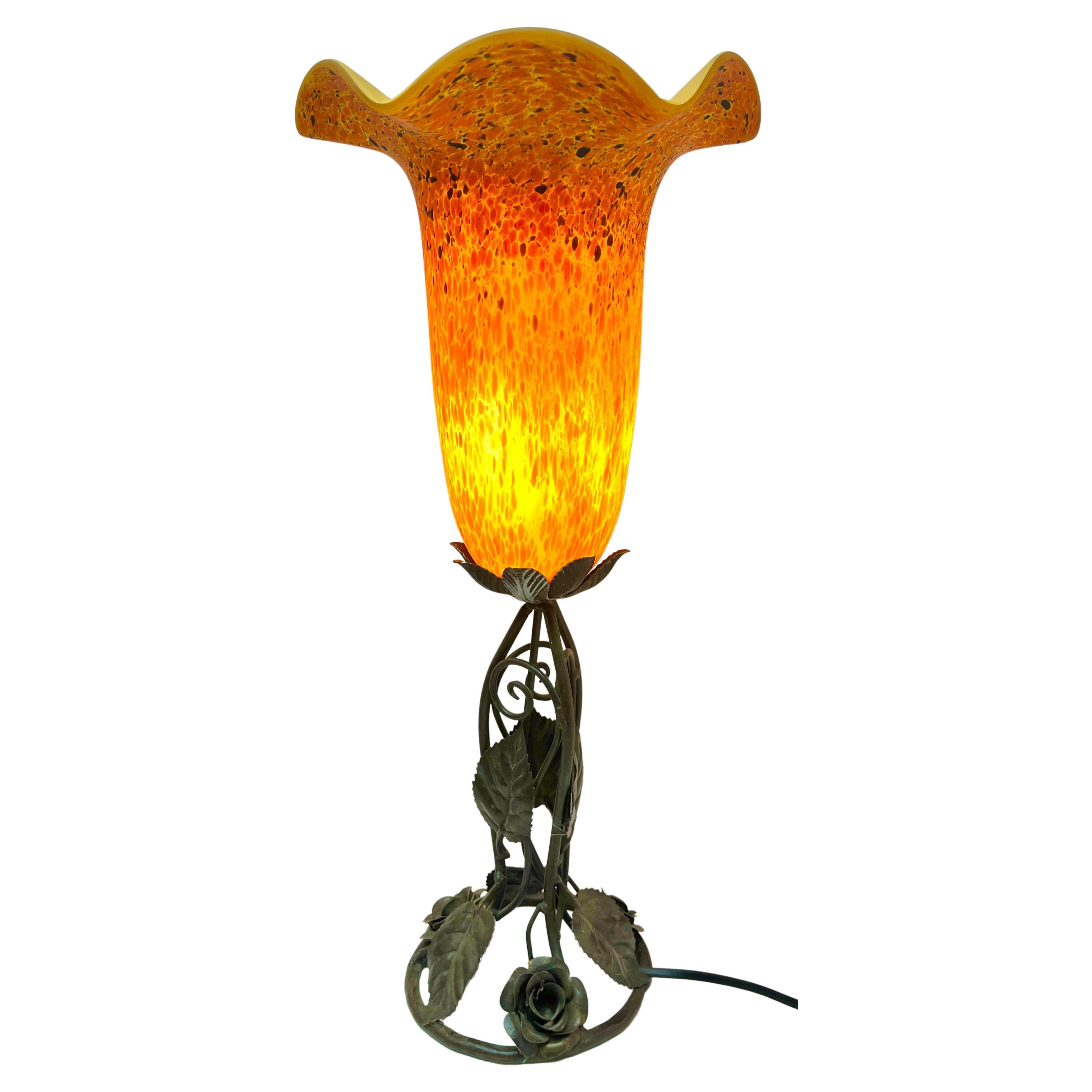 French Art Nouveau Lamp in Wrought Iron with Glass Shade, 1920s