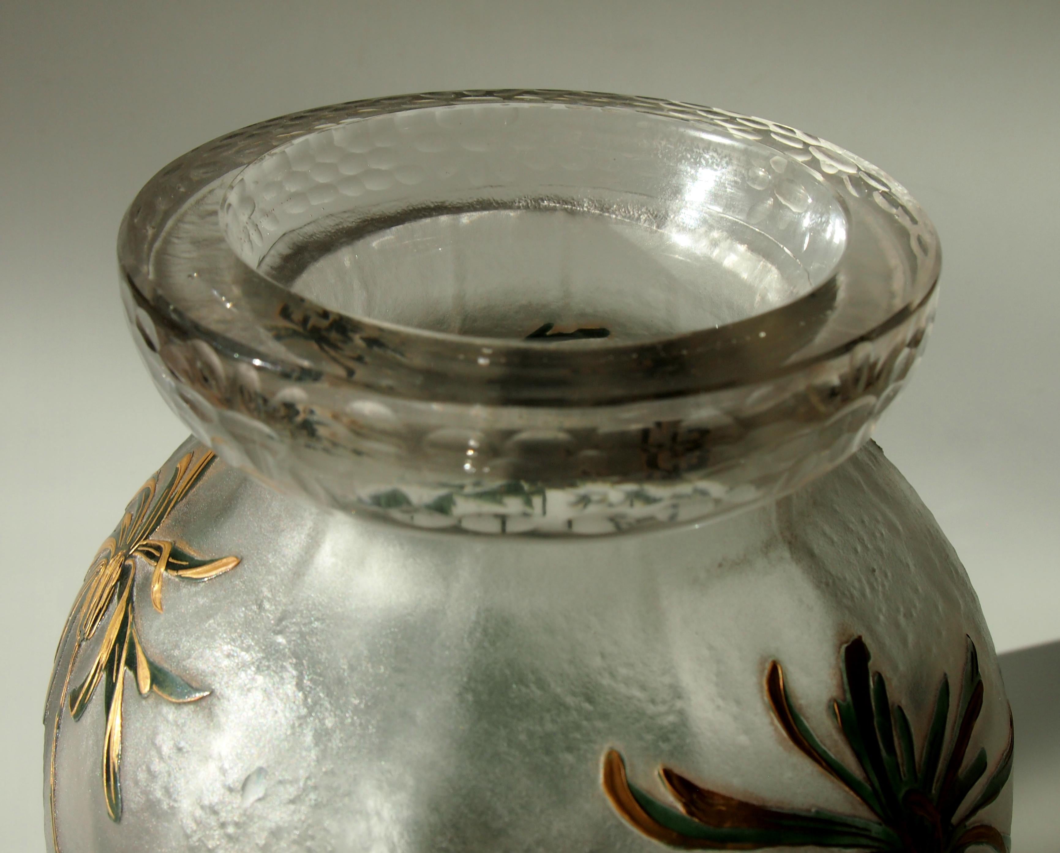 Art Glass French Art Nouveau Legras Enamel and Gilded Glass Vase For Sale