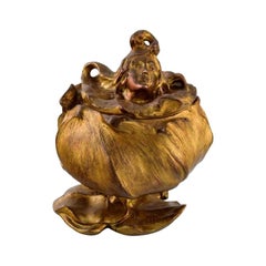 French Art Nouveau Lidded Jar in Gilded Metal with Woman's Face, circa 1890