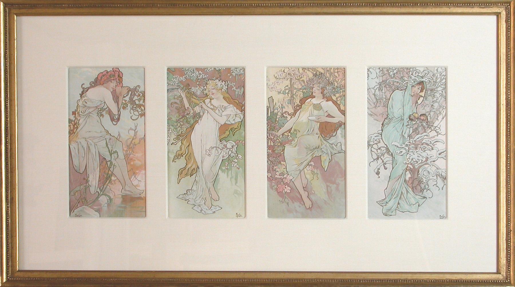 This is Mucha’s first set of decorative panels printed in 1896 and one of his most endearing.  Mucha breathed new life into the classic theme of personifying seasons; each highly-stylized Art Nouveau panel depicting a beautiful young lady set in a