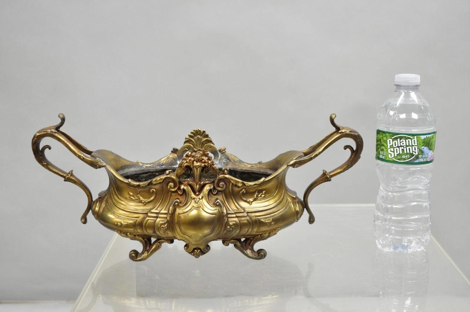 Antique French Rococo Louis XV Style Twin Handle Gold Spelter Metal Art Nouveau Planter Jardiniere Centerpiece. Circa Early 20th Century. Measurements: 6.5