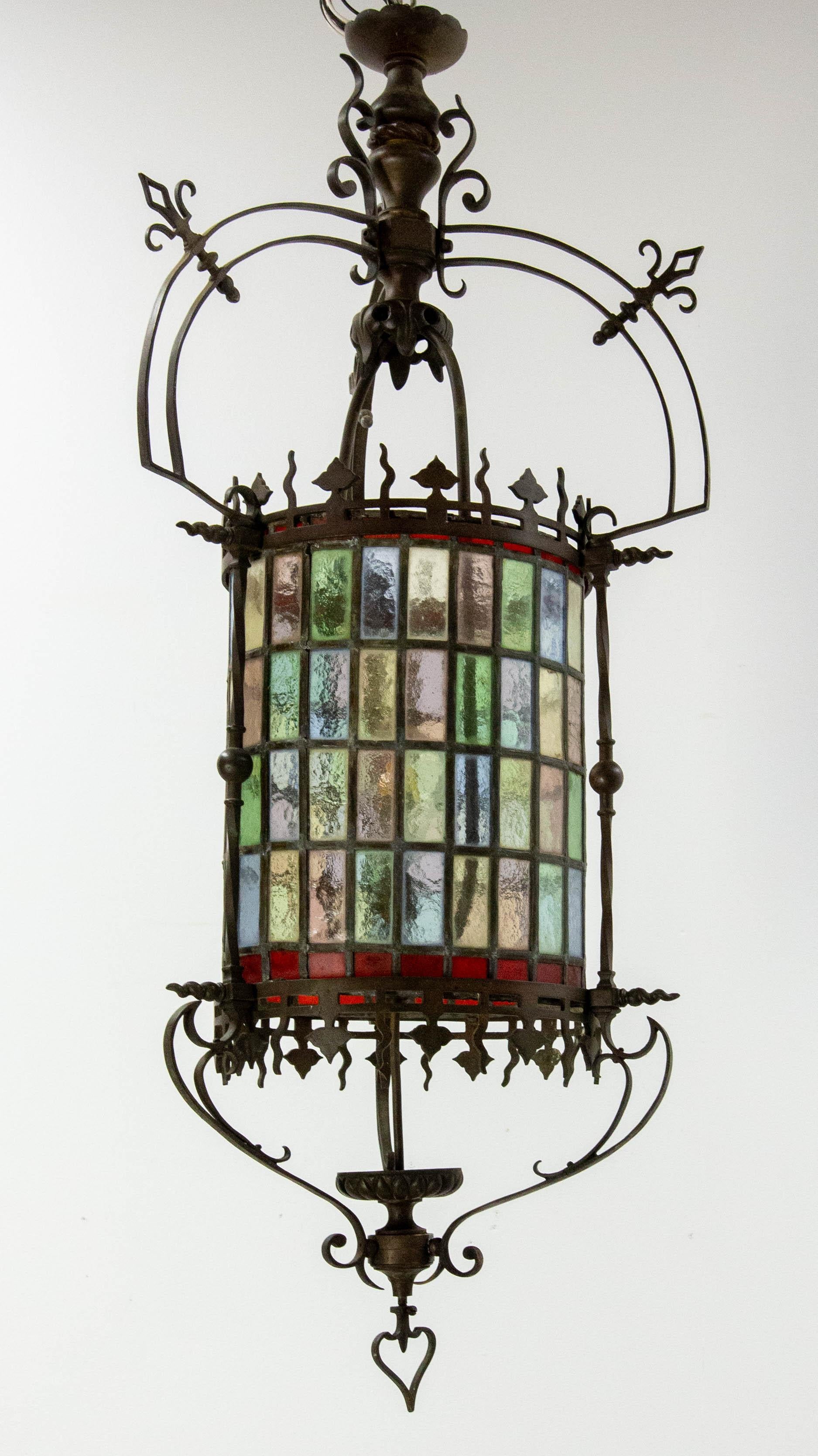 French Art Nouveau Lustre Colored Glass & Bronze Ceiling Pendant, late 19th C  For Sale 6