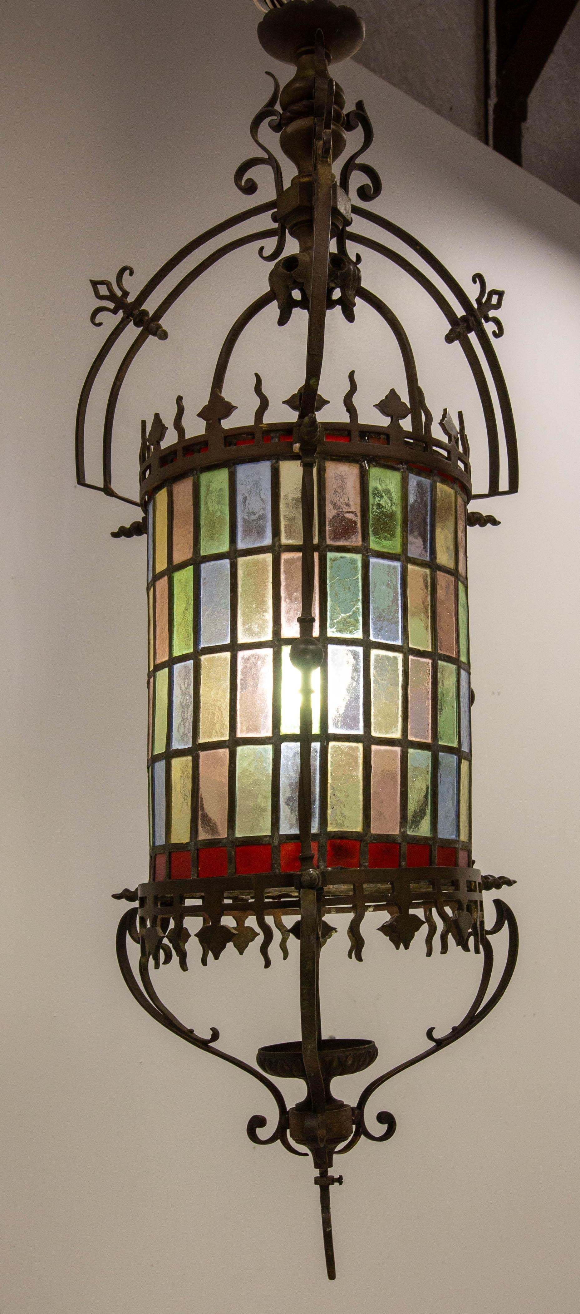 Art nouveau Plafonnier Art Nouveau français en verre lustré et bronze, fin du 19e siècle  en vente