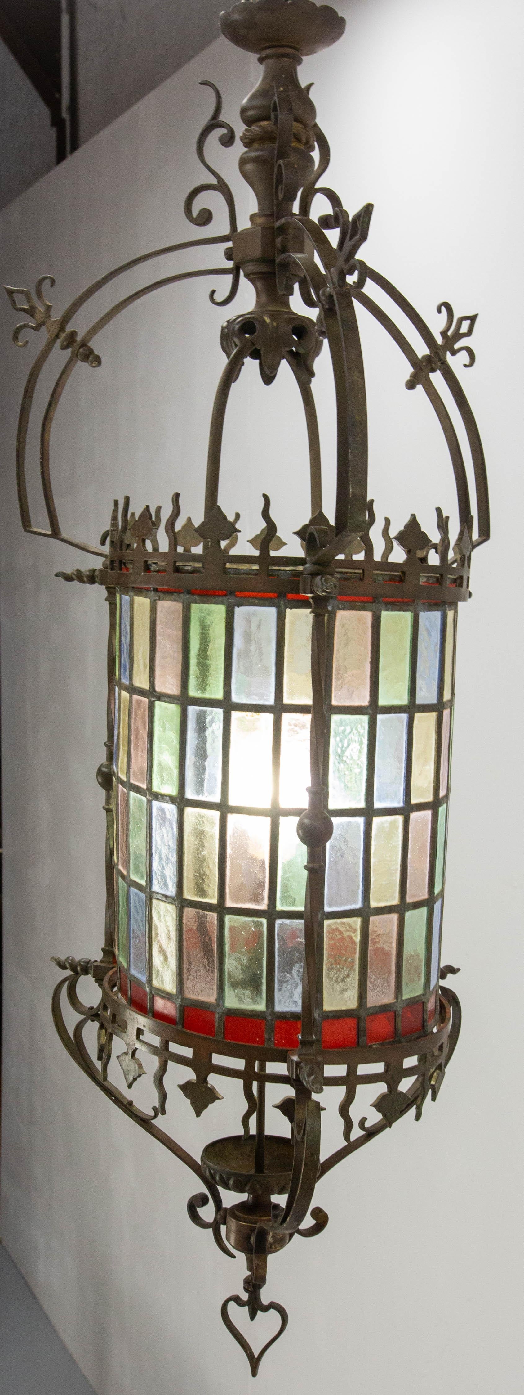 Plafonnier Art Nouveau français en verre lustré et bronze, fin du 19e siècle  Bon état - En vente à Labrit, Landes