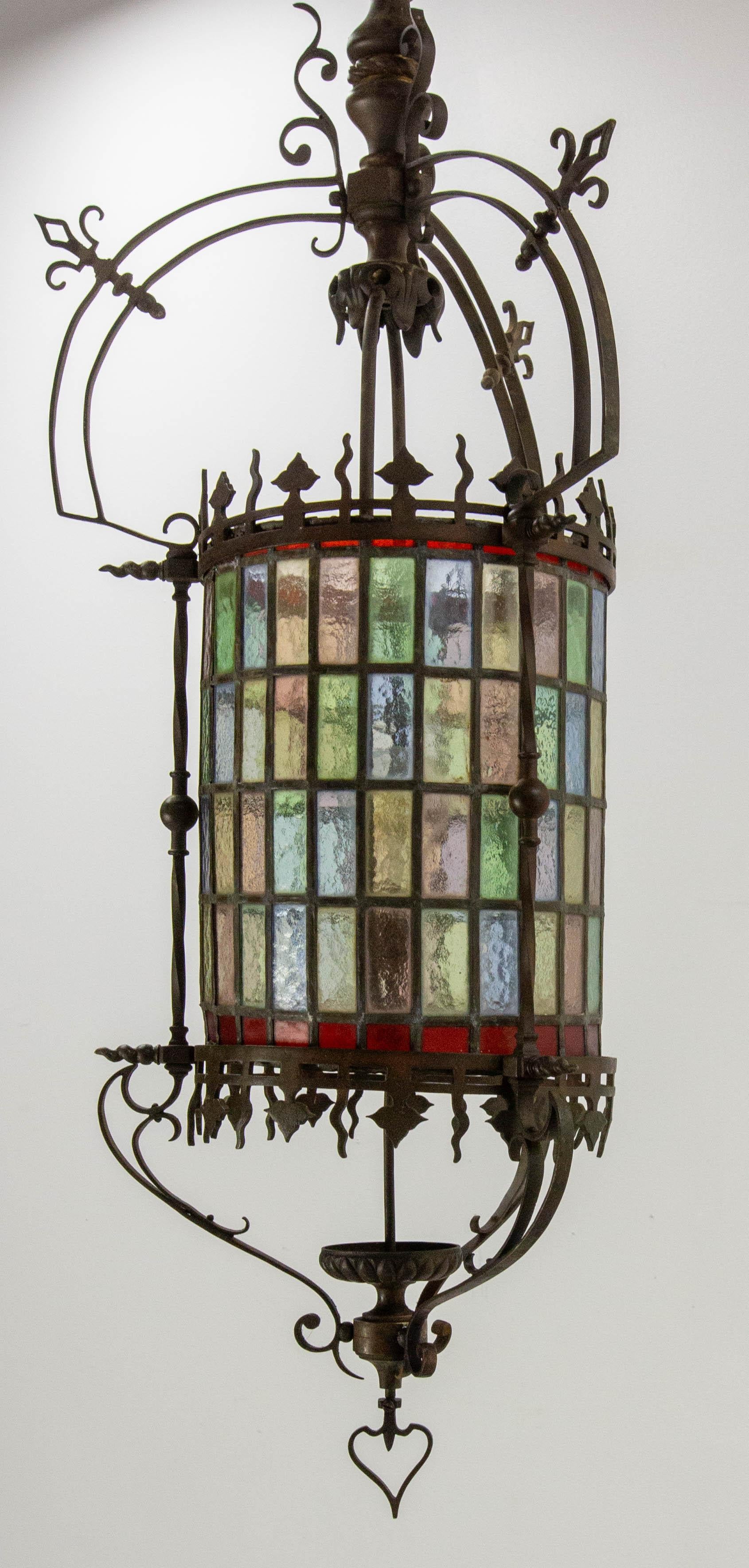 French Art Nouveau Lustre Colored Glass & Bronze Ceiling Pendant, late 19th C  For Sale 5
