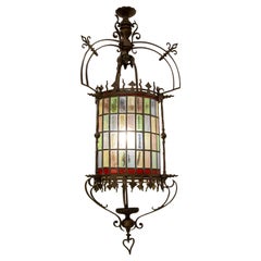 French Art Nouveau Lustre Colored Glass & Bronze Ceiling Pendant, late 19th C