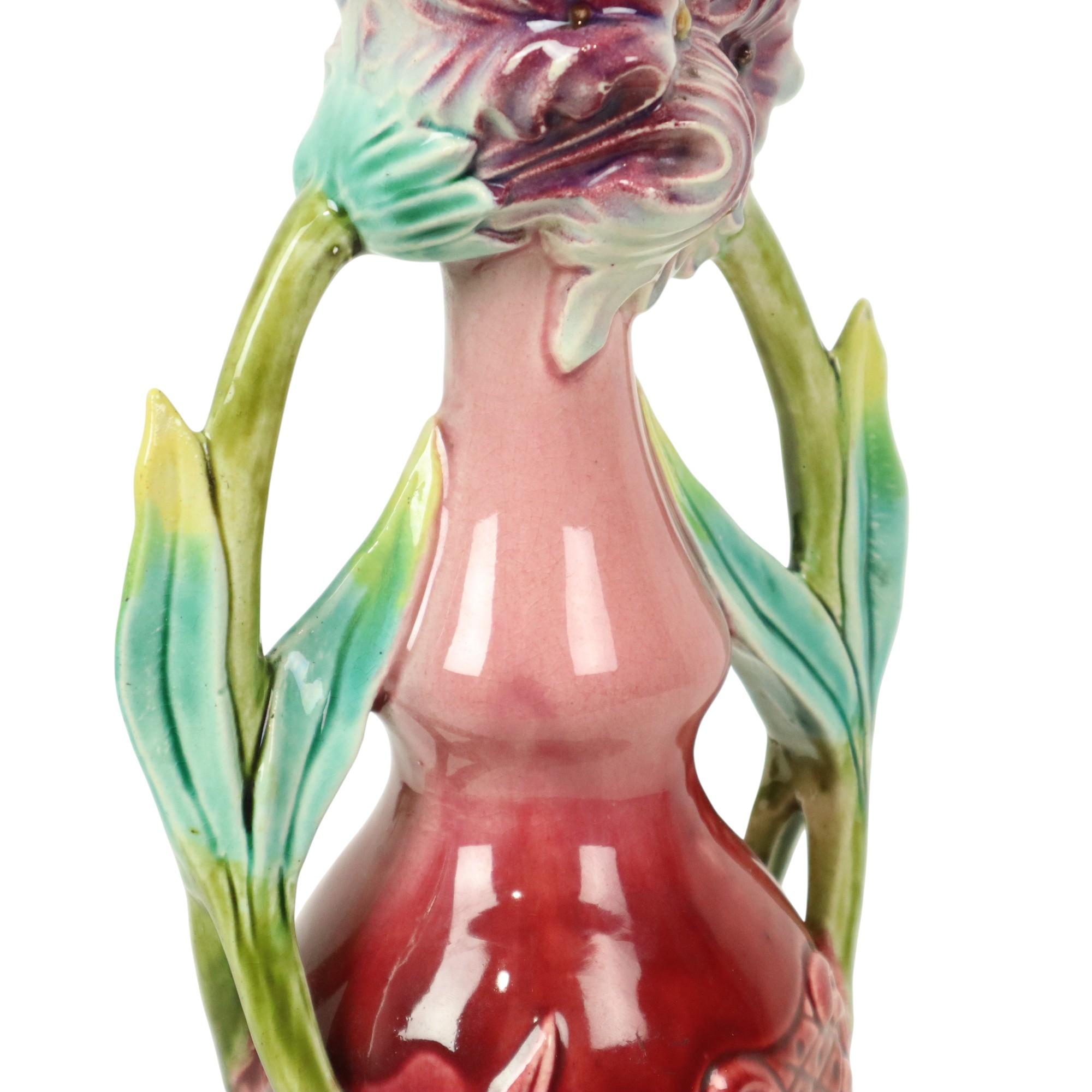 Vaso in maiolica francese Art Nouveau Fiori 30cm in vendita 3