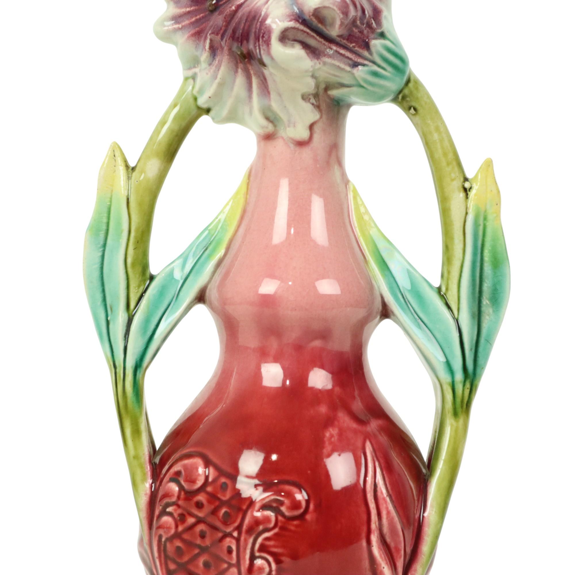 Vaso in maiolica francese Art Nouveau Fiori 30cm in vendita 6