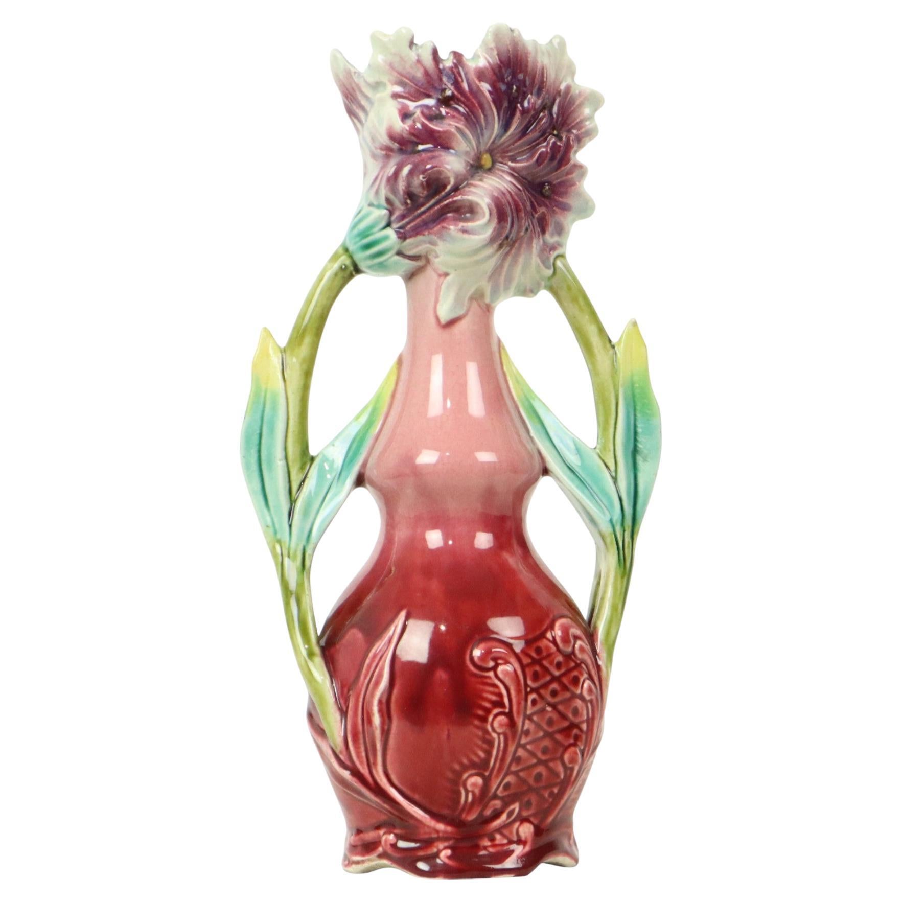 French Art Nouveau Majolica Earthenware Vase Flowers 30cm