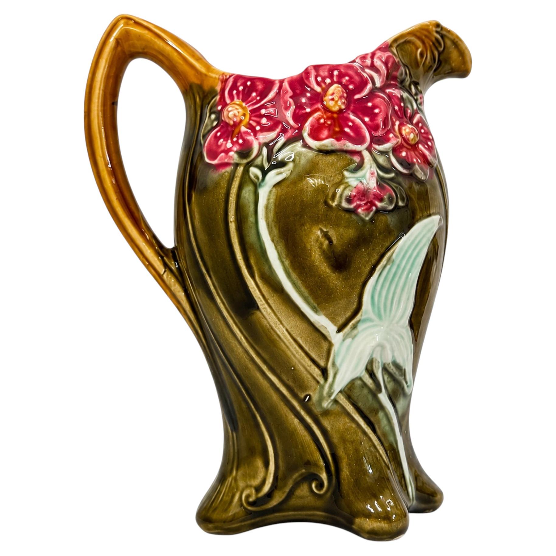 French Art Nouveau Majolica Floral Pitcher by Frie Onnaing, Circa 1900
