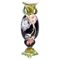 French Art Nouveau Majolica Vase with Floral Design, France, circa 1900