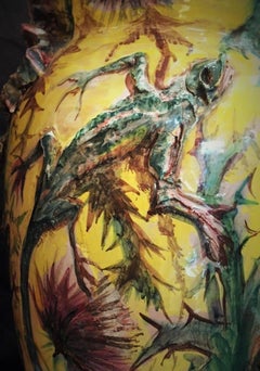 French Art Nouveau Majolica Vase with Thistles and Lizards, circa 1900