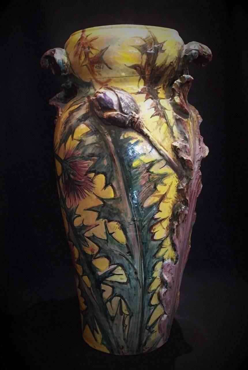 Französische Majolika-Vase im Art nouveau-Stil mit Disteln und Lizards, um 1900 im Angebot 1