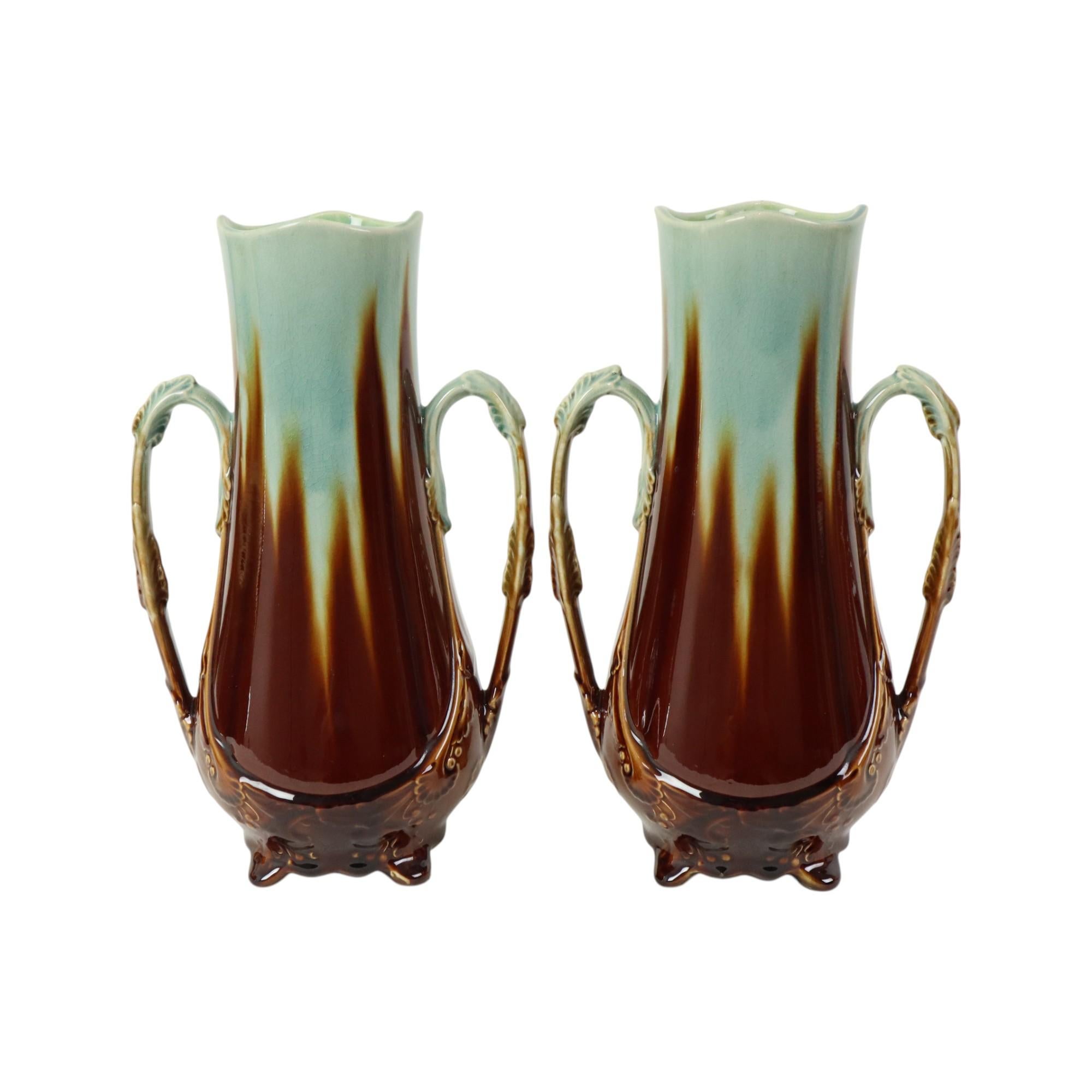 French Art Nouveau Majolica Vases Orchies L'Herminè Declercq 27cm For Sale 4