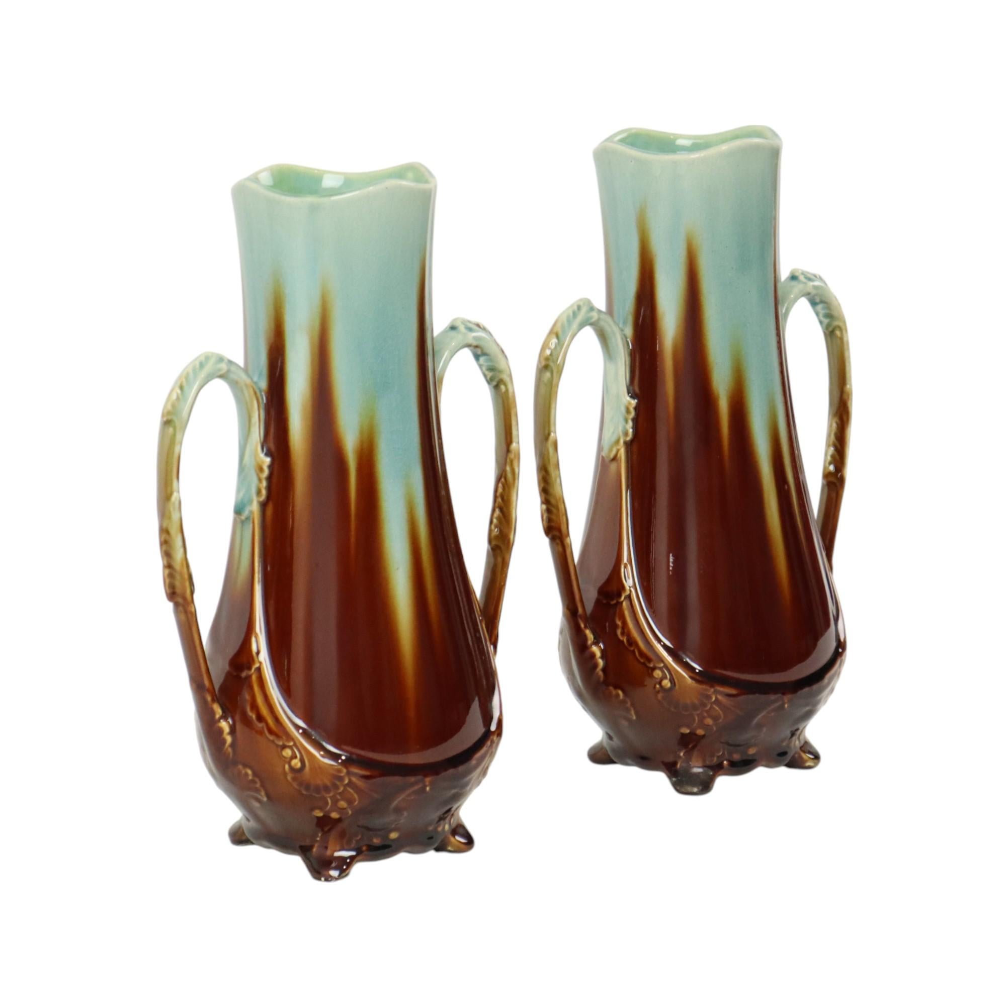 Glazed French Art Nouveau Majolica Vases Orchies L'Herminè Declercq 27cm For Sale