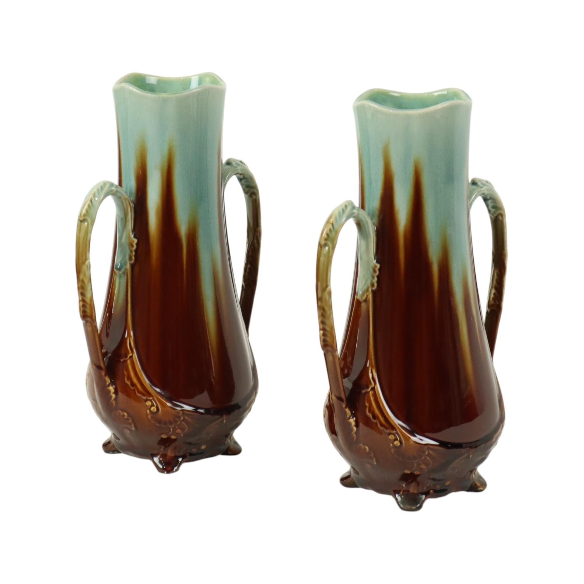 French Art Nouveau Majolica Vases Orchies L'Herminè Declercq 27cm In Good Condition For Sale In Poperinge, BE