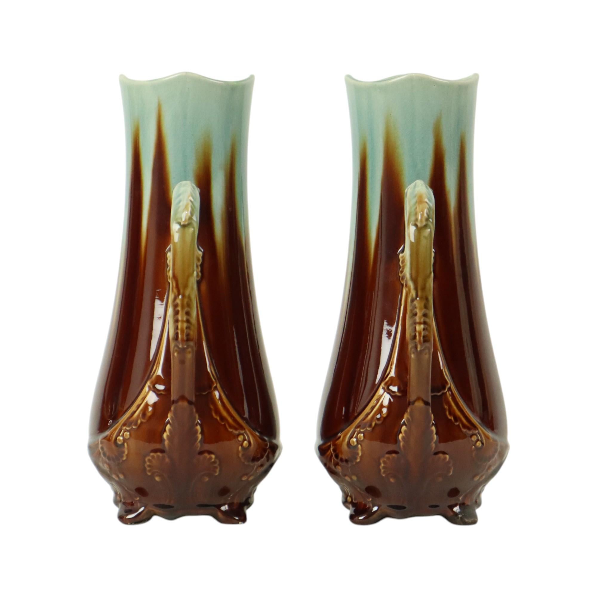 Early 20th Century French Art Nouveau Majolica Vases Orchies L'Herminè Declercq 27cm For Sale