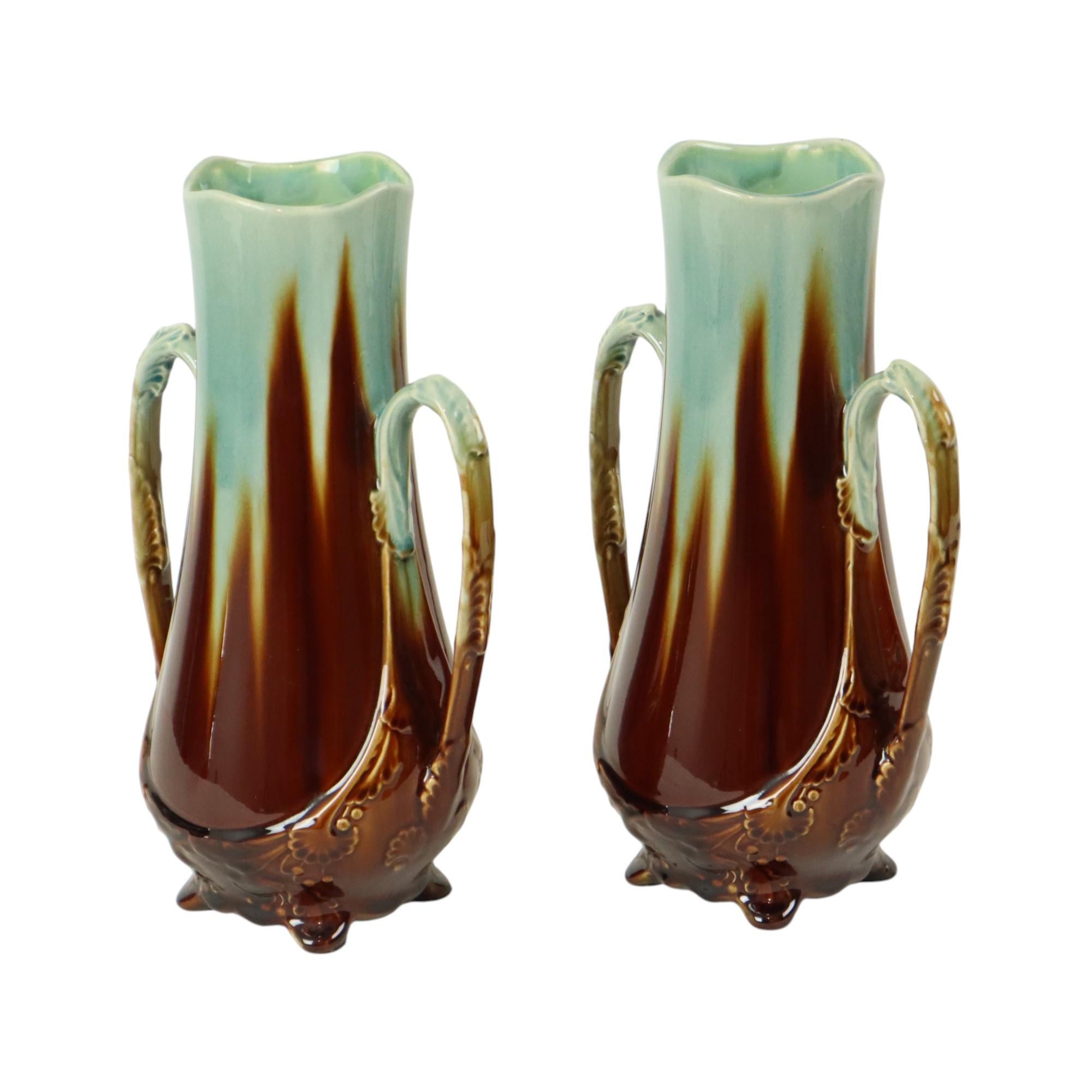 Earthenware French Art Nouveau Majolica Vases Orchies L'Herminè Declercq 27cm For Sale