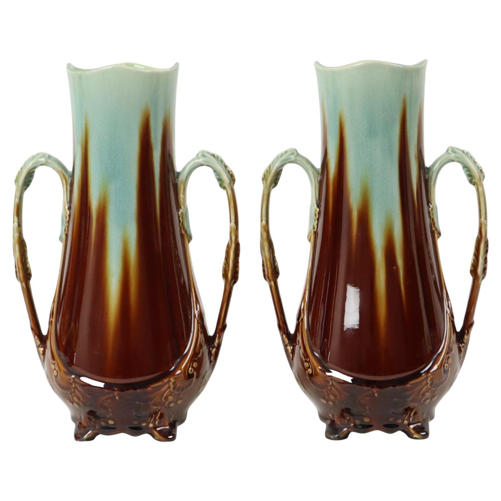 French Art Nouveau Majolica Vases Orchies L'Herminè Declercq 27cm For Sale