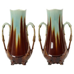 French Art Nouveau Majolica Vases Orchies L'Herminè Declercq 27cm