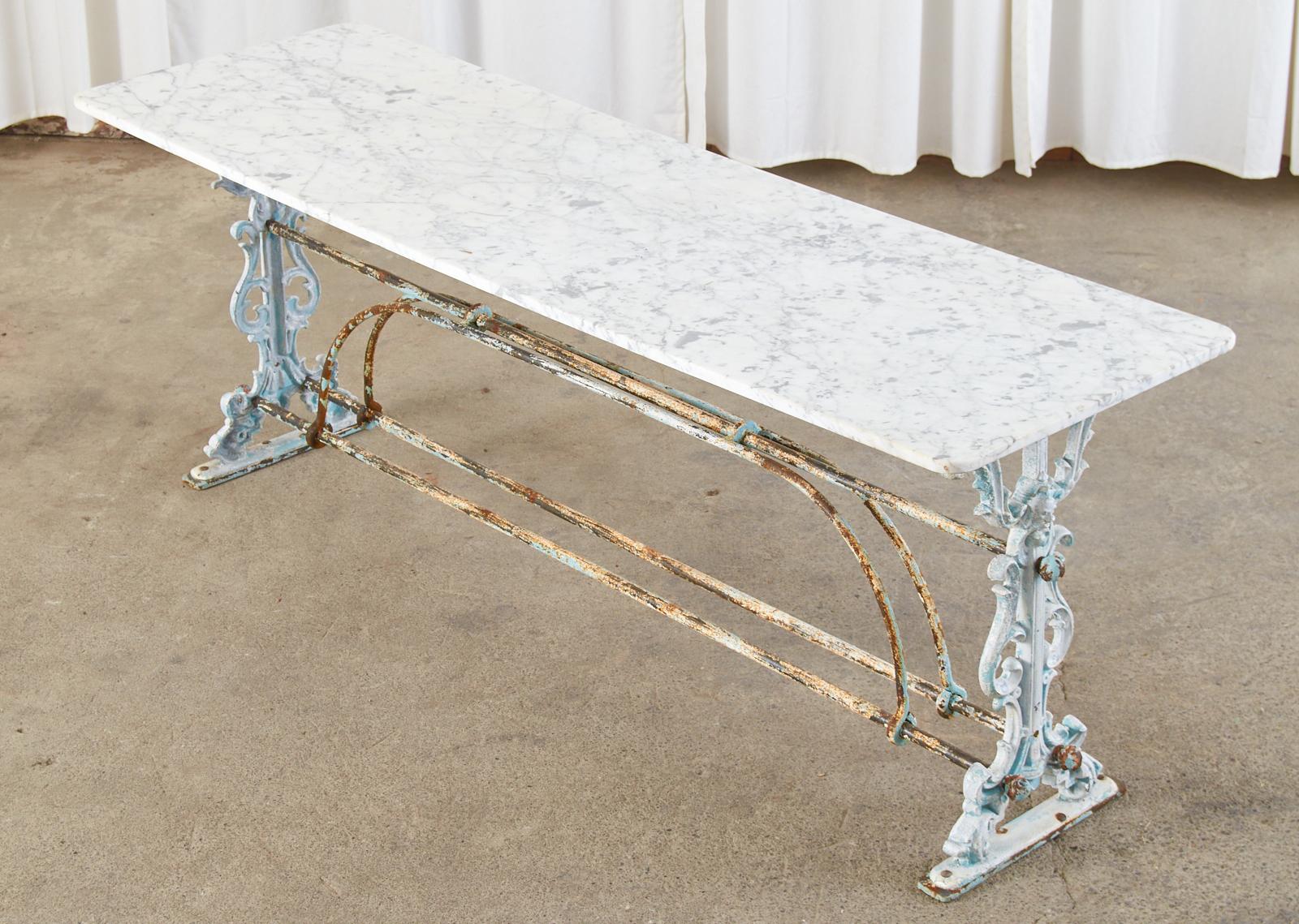 Patinated French Art Nouveau Marble Iron Patisserie Pastry Table Console For Sale
