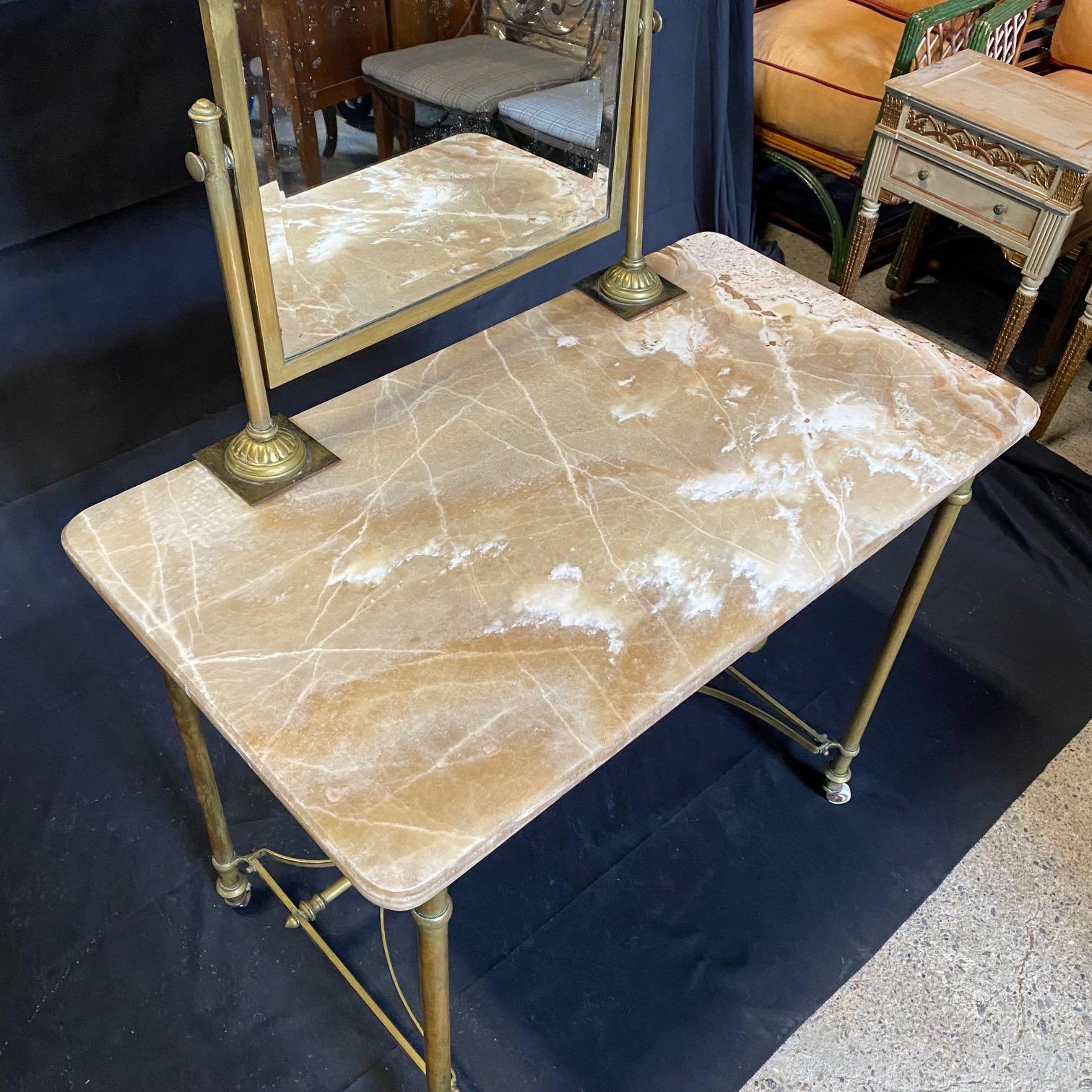 French Art Nouveau Marble Top Dressing Table with Beveled Mirror and Brass Legs 9