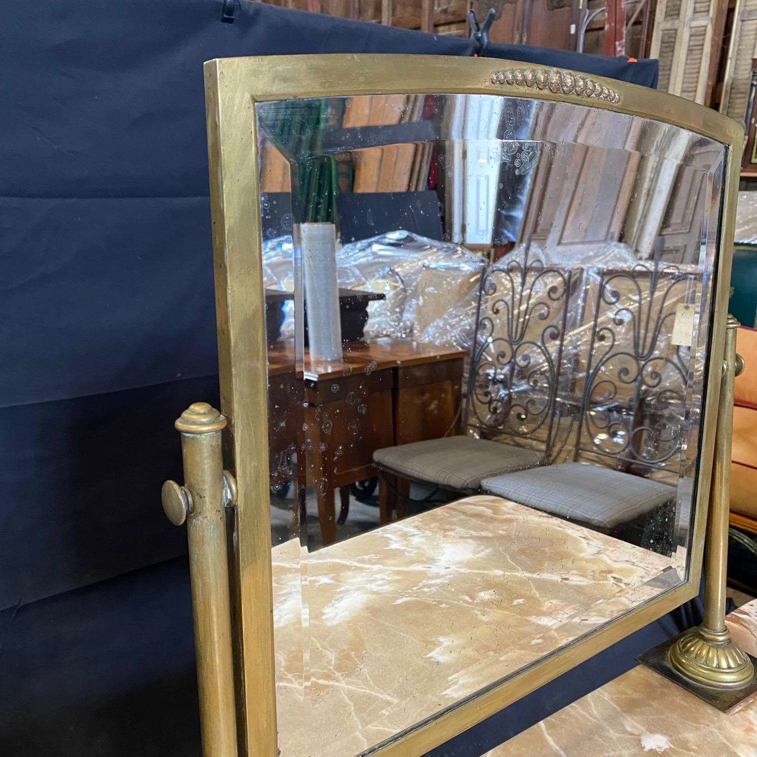 French Art Nouveau Marble Top Dressing Table with Beveled Mirror and Brass Legs 10