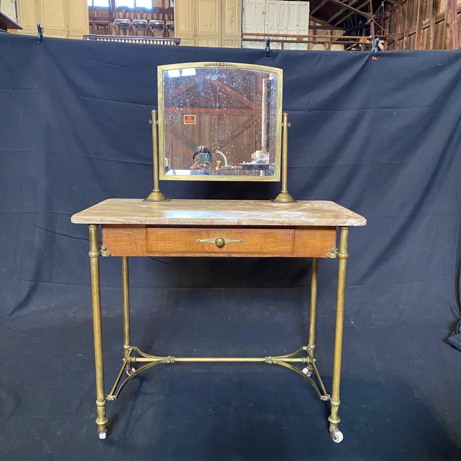 French Art Nouveau Marble Top Dressing Table with Beveled Mirror and Brass Legs 13