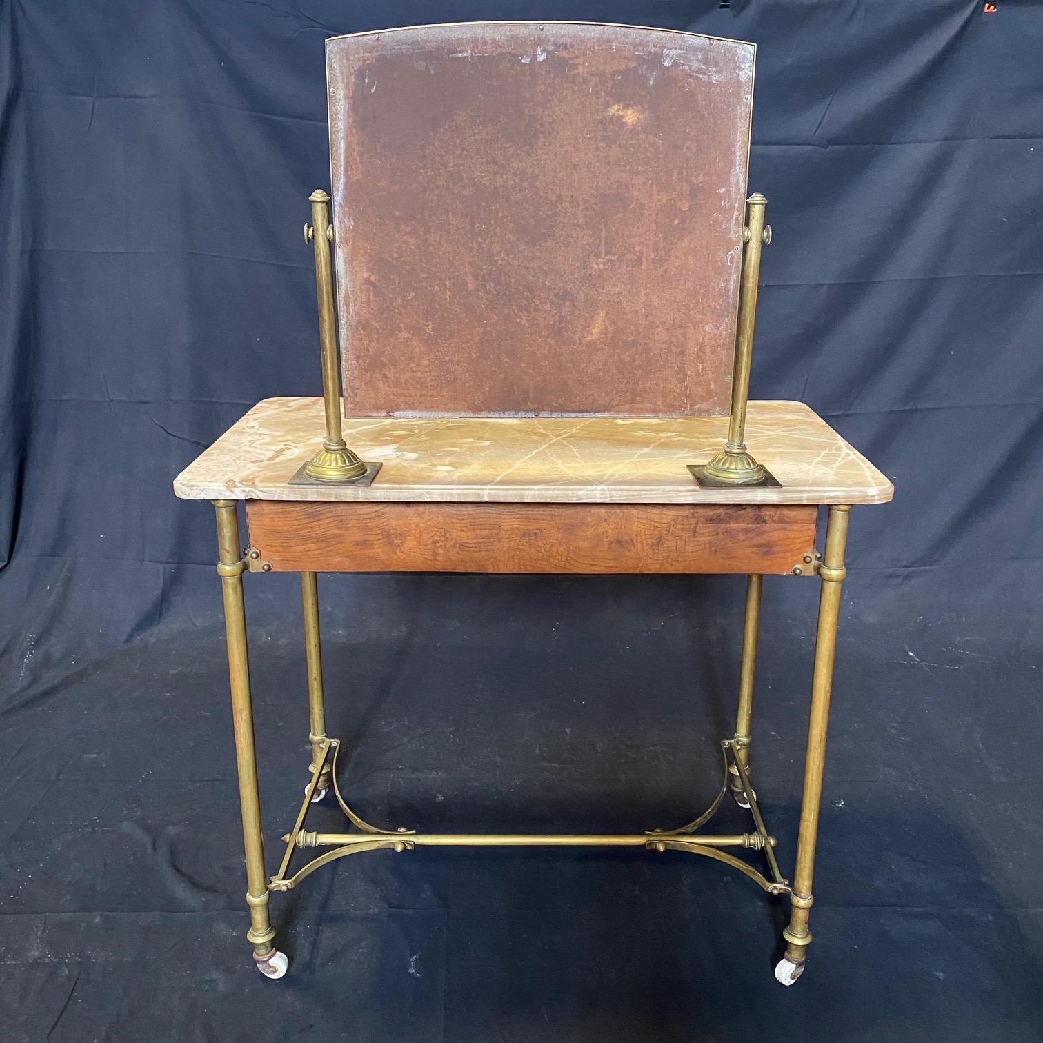 French Art Nouveau Marble Top Dressing Table with Beveled Mirror and Brass Legs 14