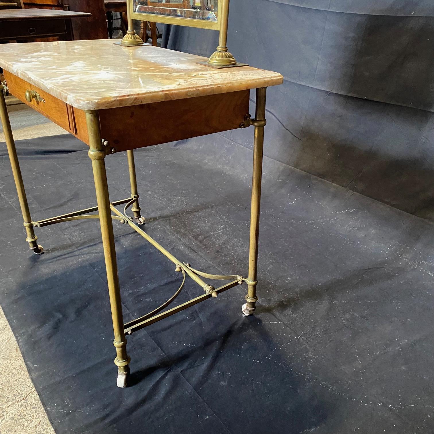 French Art Nouveau Marble Top Dressing Table with Beveled Mirror and Brass Legs In Good Condition In Hopewell, NJ
