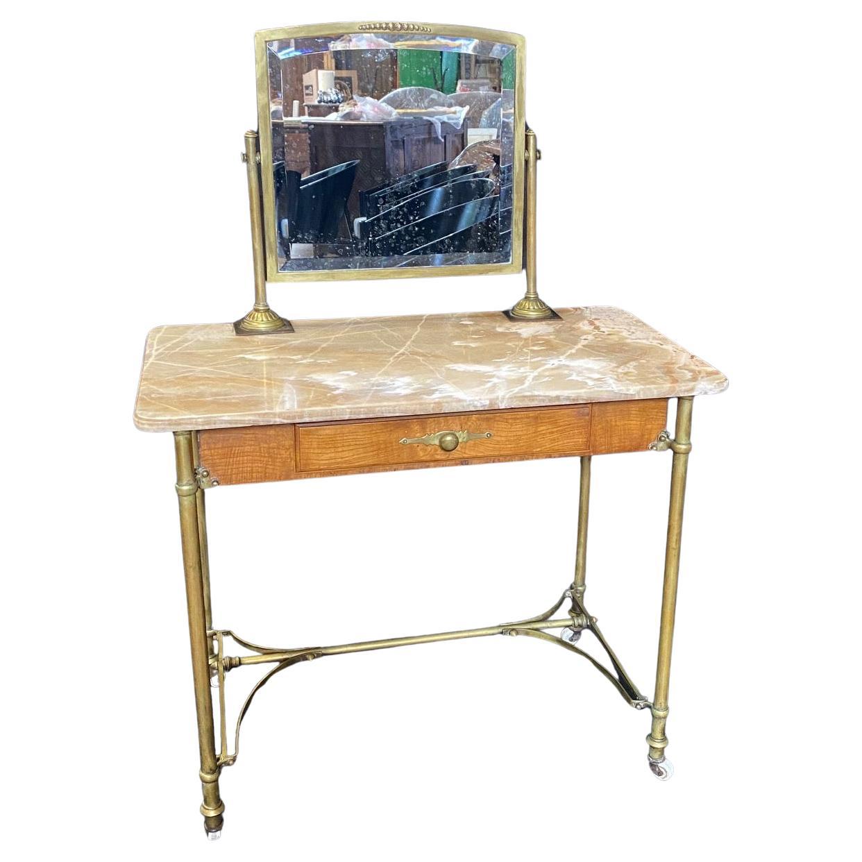 French Art Nouveau Marble Top Dressing Table with Beveled Mirror and Brass Legs