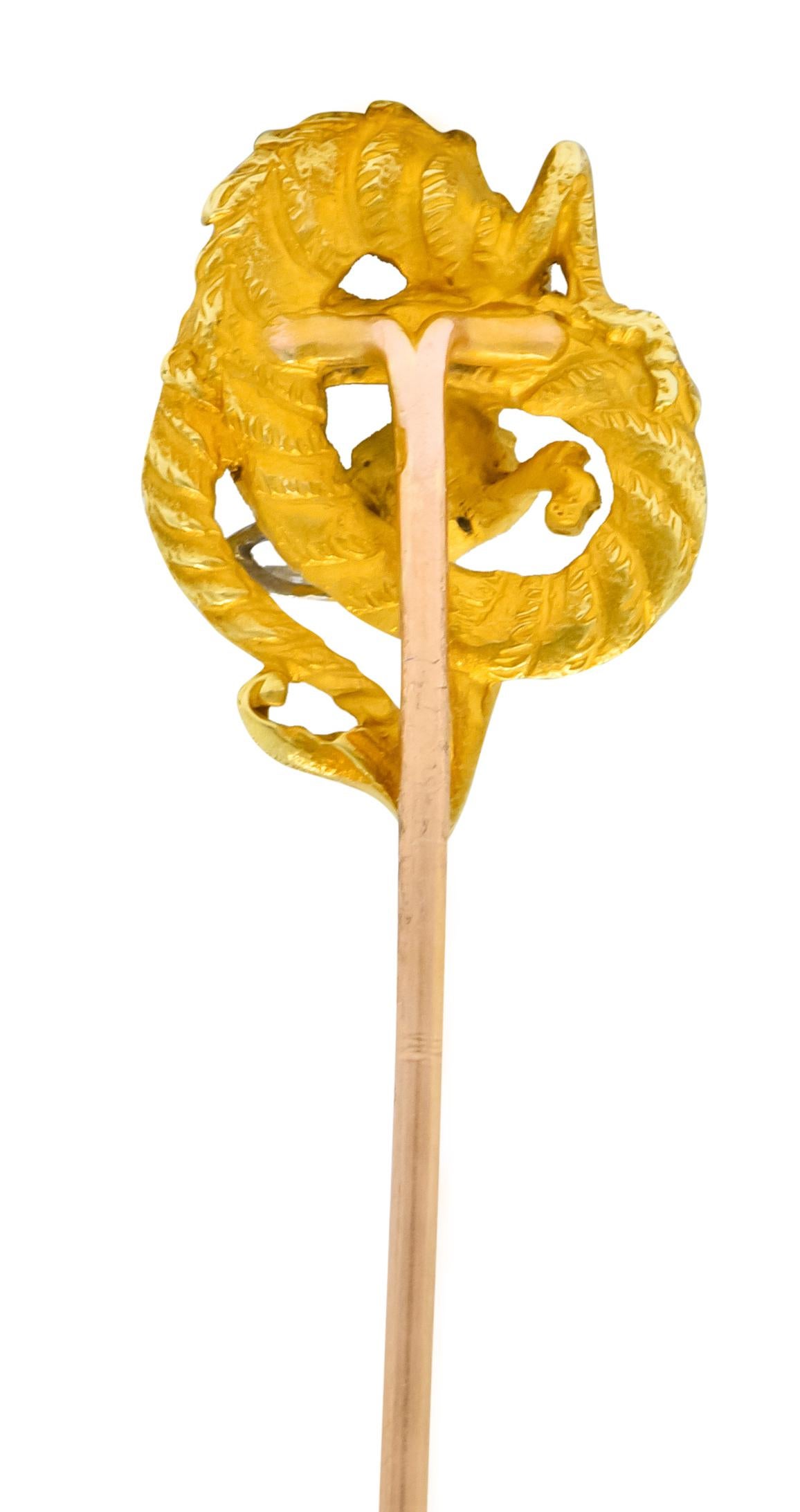 Marquise Cut French Art Nouveau Marquis Diamond 18 Karat Gold Serpentine Dragon Stickpin