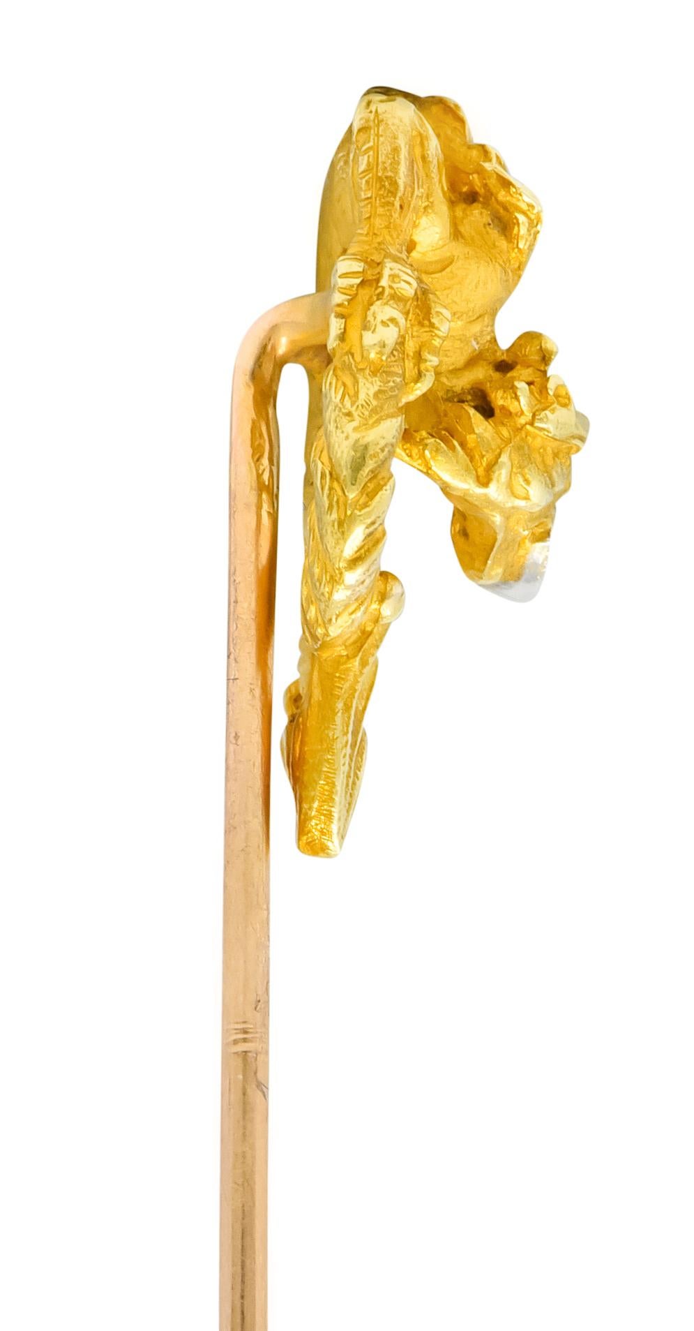 French Art Nouveau Marquis Diamond 18 Karat Gold Serpentine Dragon Stickpin In Excellent Condition In Philadelphia, PA