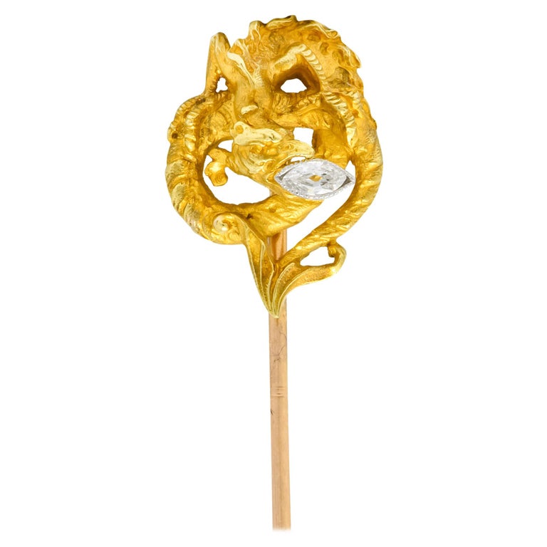 French Art Nouveau Marquis Diamond 18 Karat Gold Serpentine Dragon Stickpin For Sale