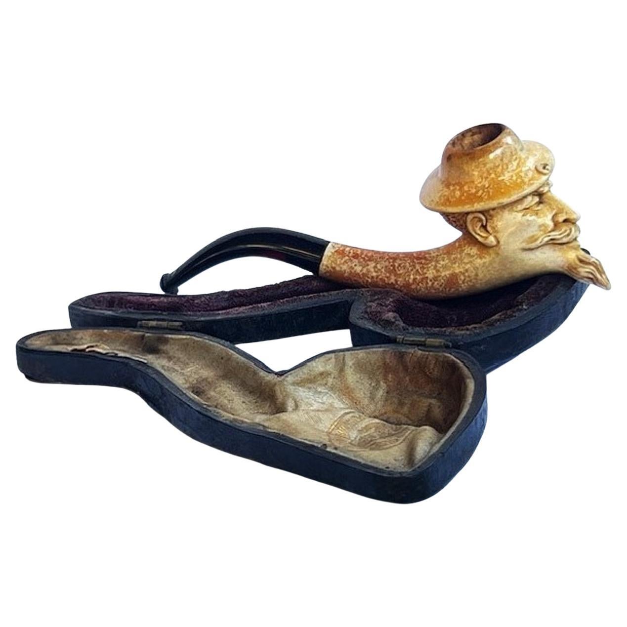 French Art Nouveau Meerschaum 
Amber Pipe Depicting Don Quixote
s Head, C. 1900 For Sale