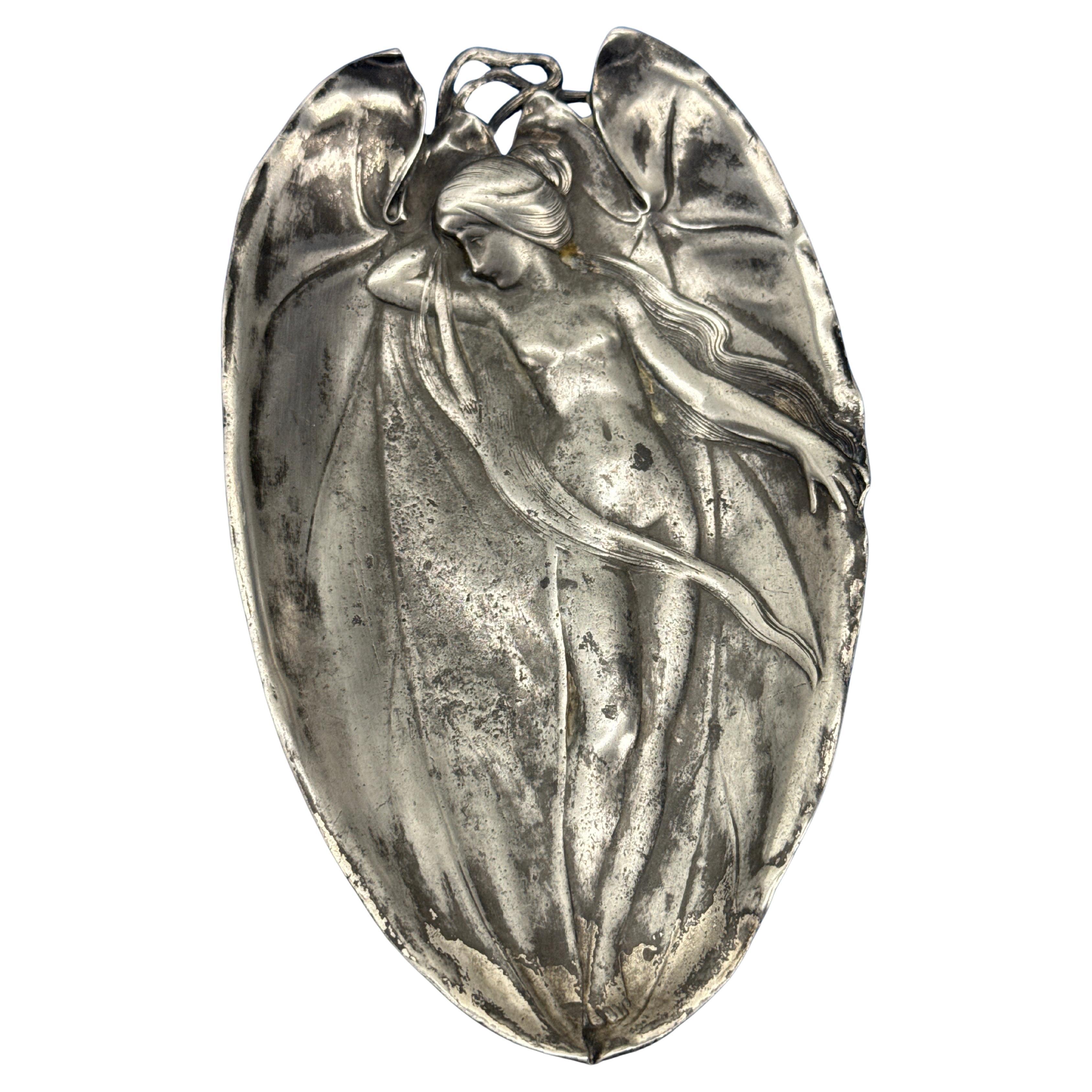 French Art Nouveau Metal Pewter Trinket Jewelry Vanity Tray For Sale