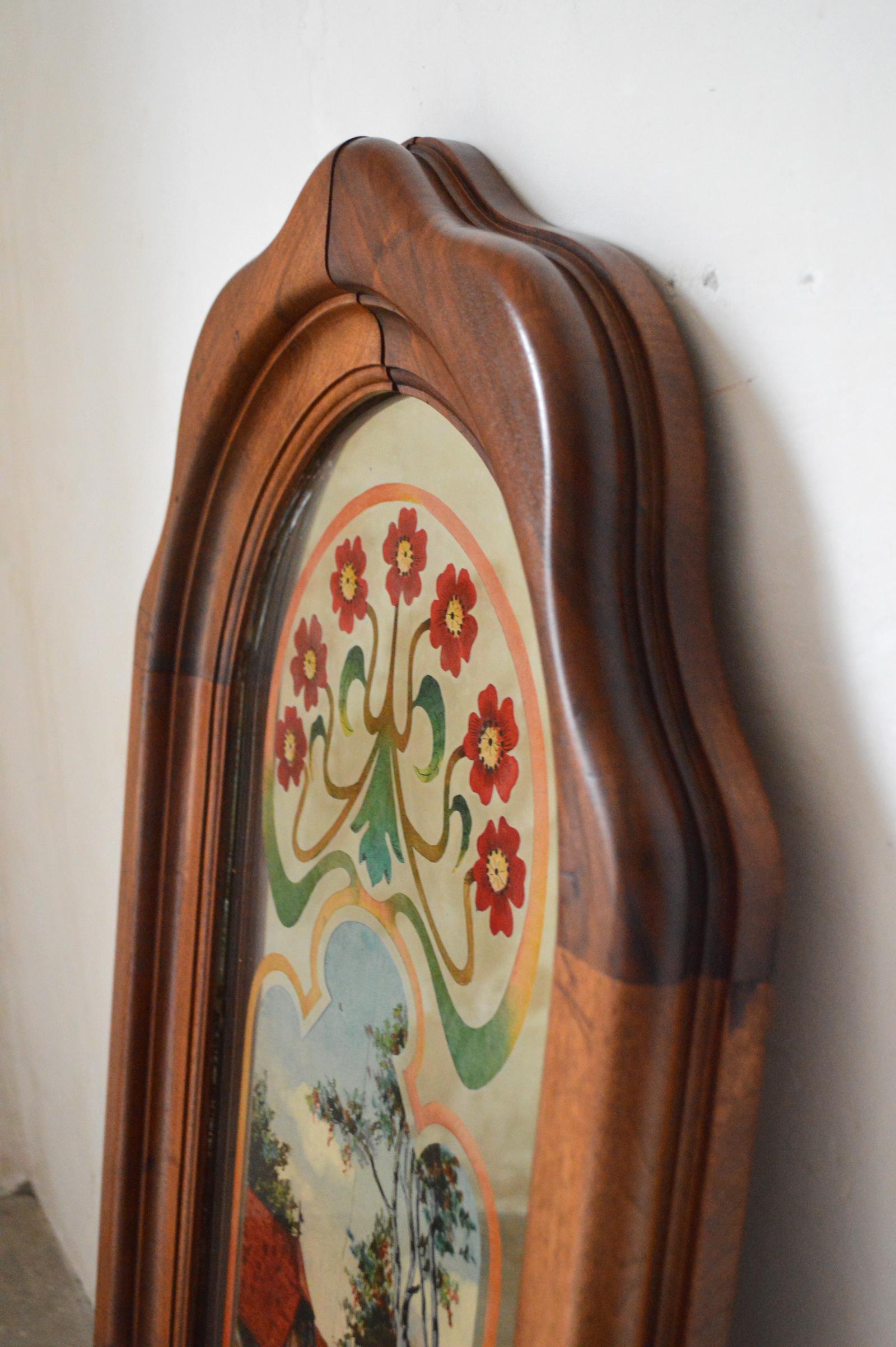 French Art Nouveau Mirror with Painted Landscape & Carved Frame in Walnut, 1900s For Sale 5