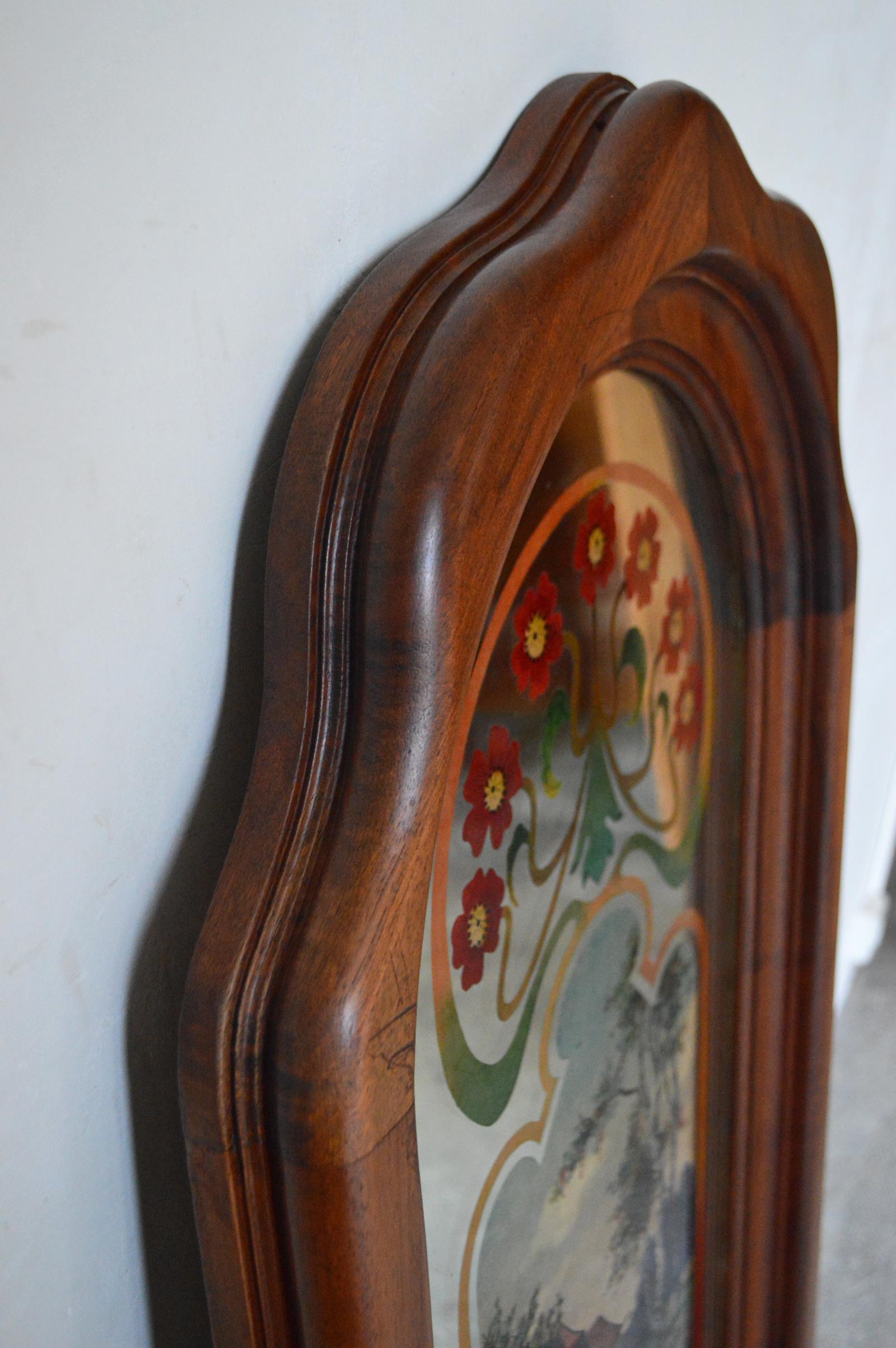 French Art Nouveau Mirror with Painted Landscape & Carved Frame in Walnut, 1900s For Sale 6