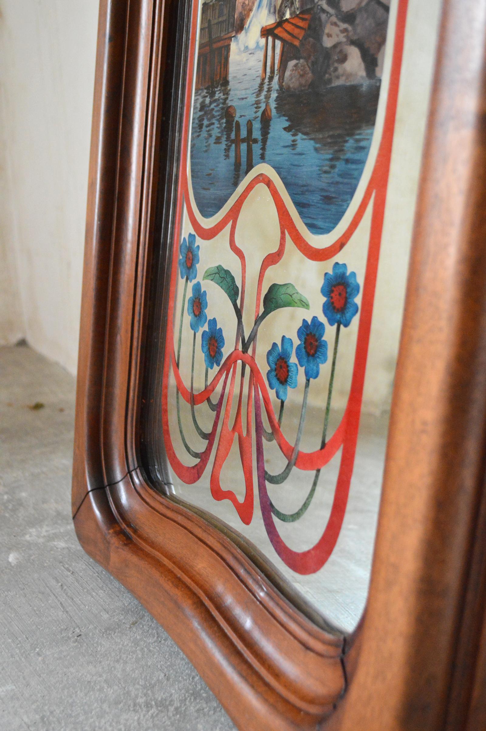 French Art Nouveau Mirror with Painted Landscape & Carved Frame in Walnut, 1900s For Sale 7