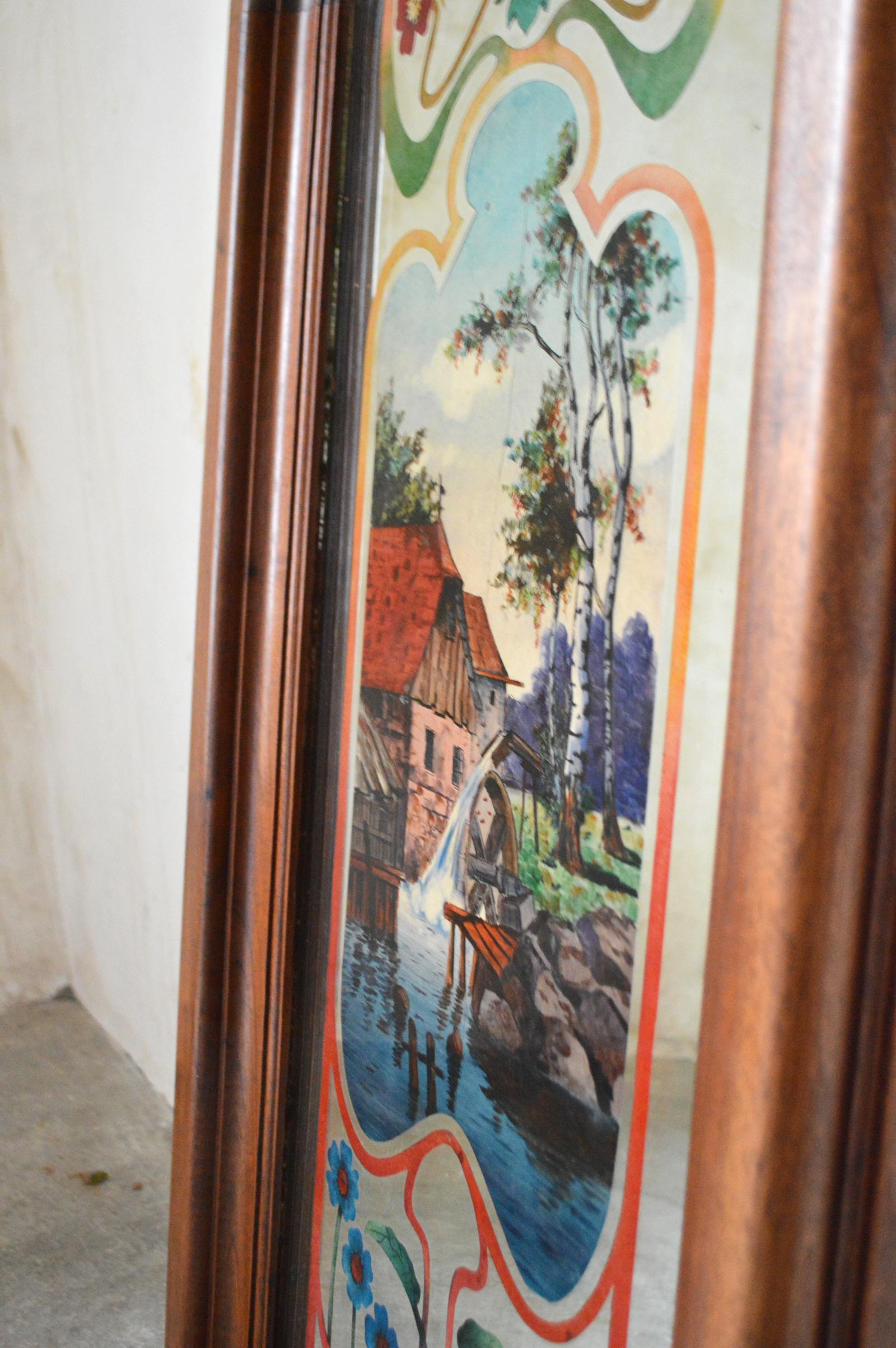 French Art Nouveau Mirror with Painted Landscape & Carved Frame in Walnut, 1900s For Sale 9