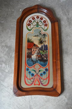 French Art Nouveau Mirror with Painted Landscape & Carved Frame in Walnut, 1900s