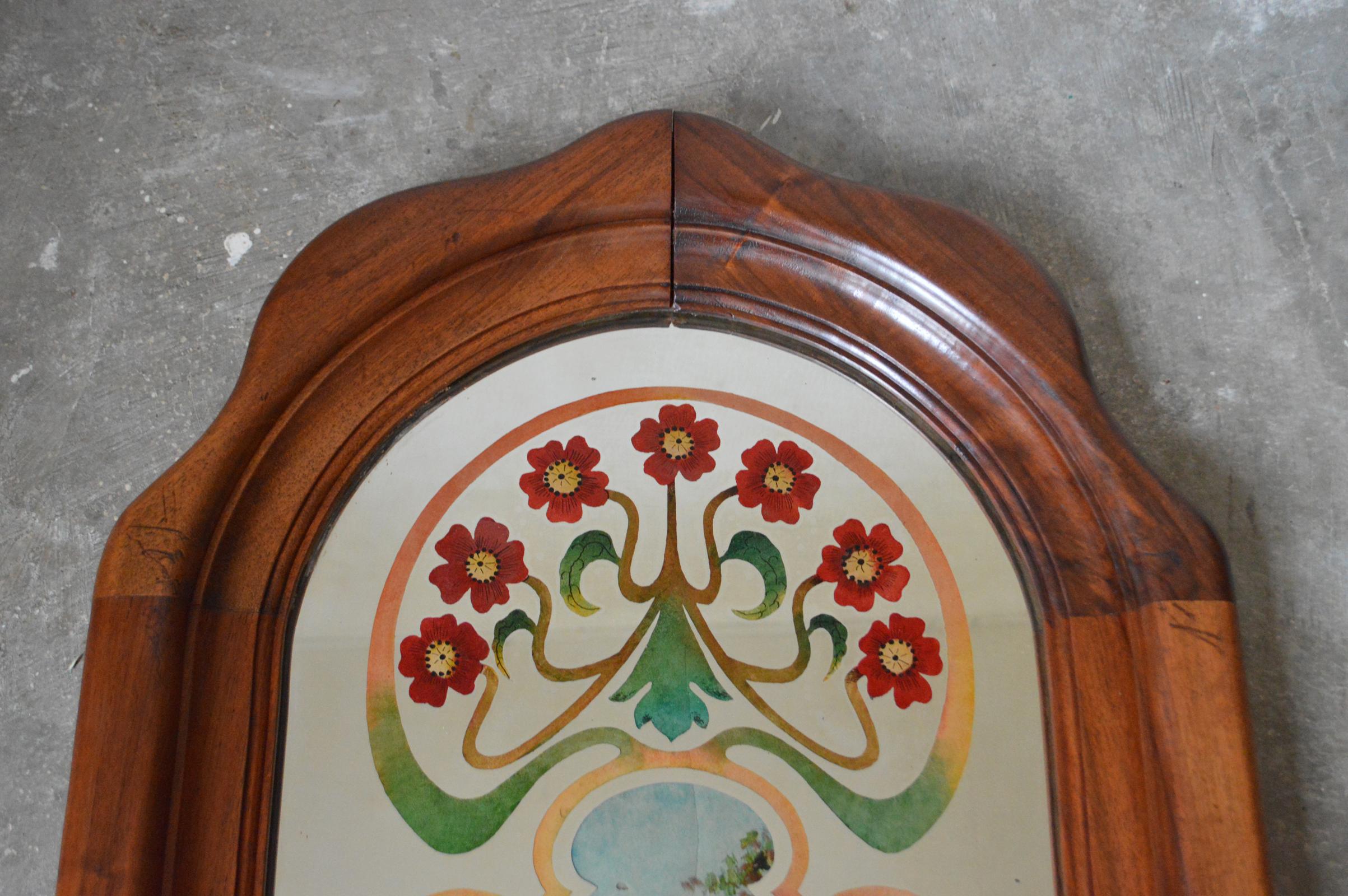 French Art Nouveau Mirror with Painted Landscape & Carved Frame in Walnut, 1900s For Sale 1