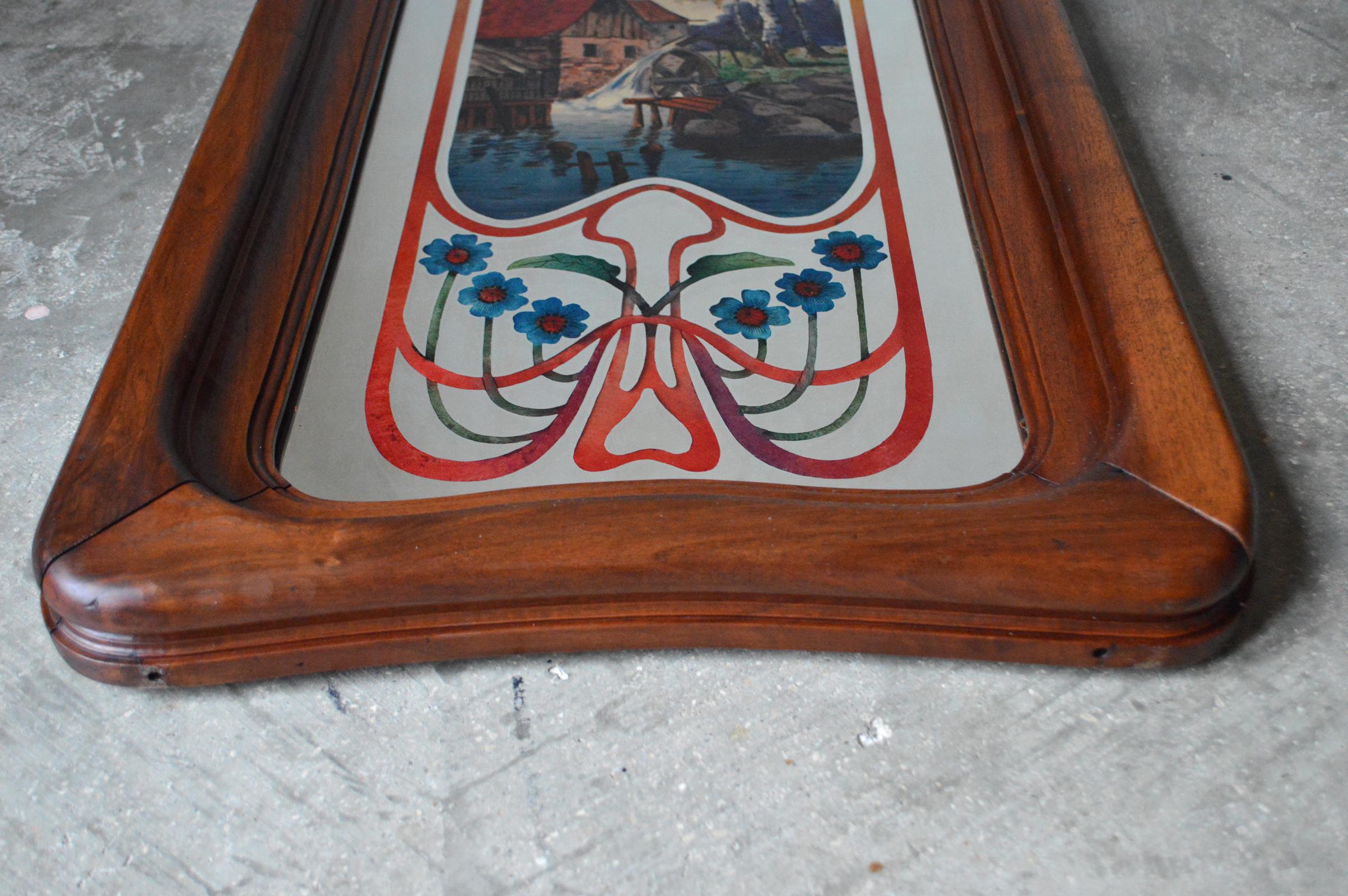 French Art Nouveau Mirror with Painted Landscape & Carved Frame in Walnut, 1900s For Sale 3