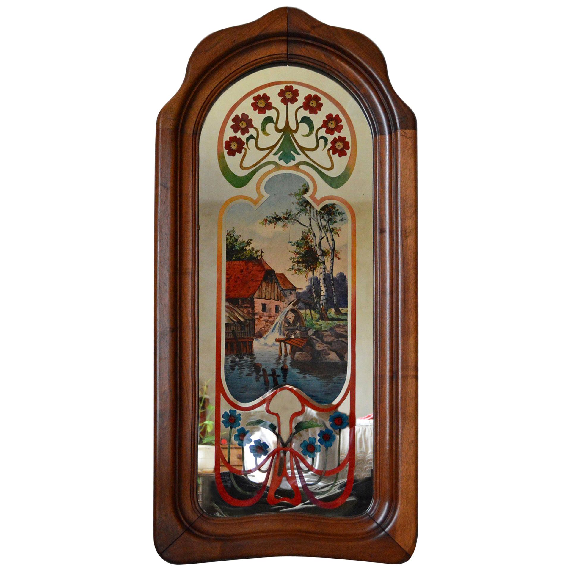 French Art Nouveau Mirror with Painted Landscape & Carved Frame in Walnut, 1900s For Sale