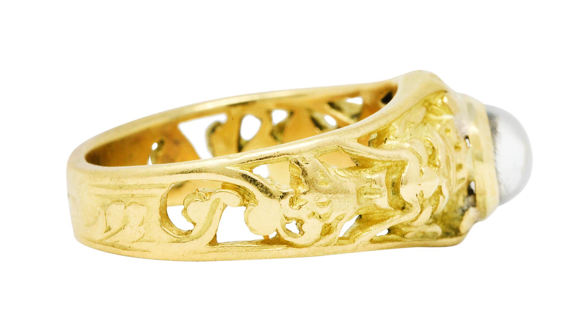Cabochon French Art Nouveau Moonstone 18 Karat Green Gold Gargoyle Ring