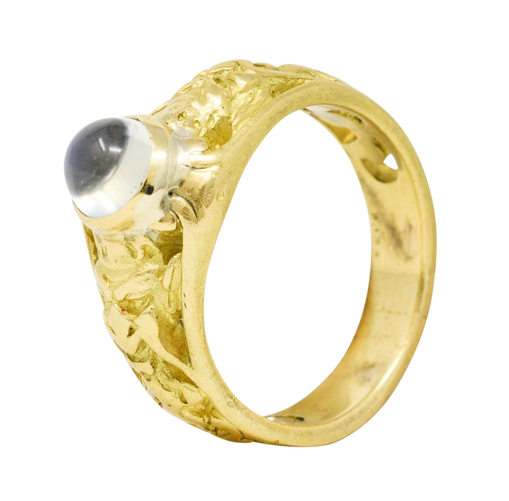 French Art Nouveau Moonstone 18 Karat Green Gold Gargoyle Ring 1