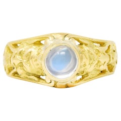 French Art Nouveau Moonstone 18 Karat Green Gold Gargoyle Ring