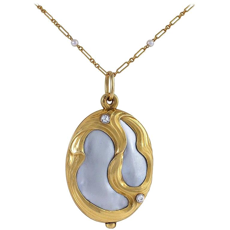 Edouard Colonna (Attributed) Baroque Mother-of-Pearl and Diamond Locket Necklace