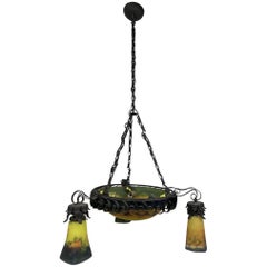 French Art Nouveau Muller Freres Art Glass Pendant Chandelier Hanging Lamp