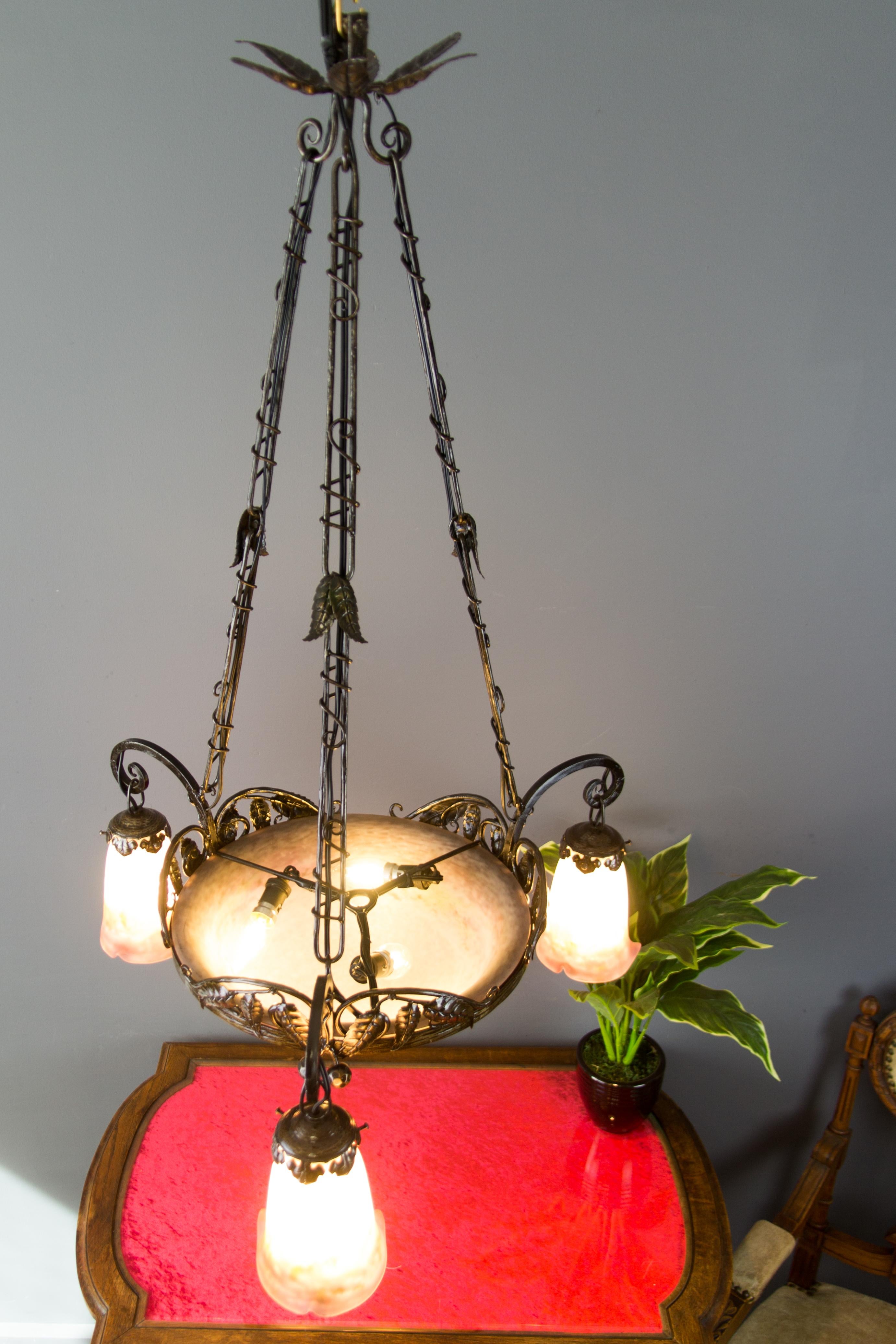 French Art Nouveau Muller Frères Luneville Signed Six-Light Chandelier, 1920s 4